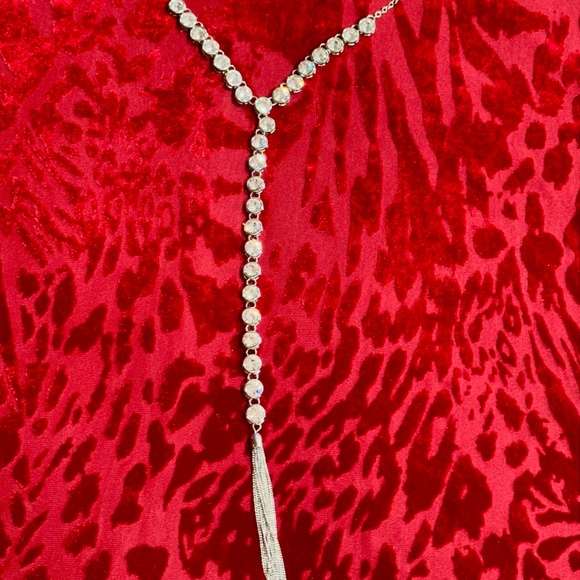 Silver Tone Clear Rhinestone Pendant Necklace with Tassle - Picture 4 of 16